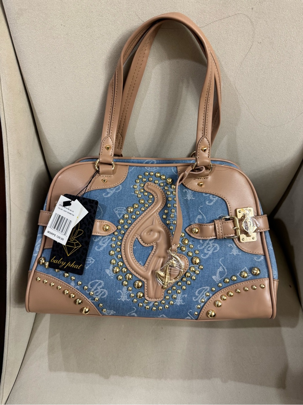 Baby Phat Blue Denim & Tan Studded Satchel with Gold Hardware